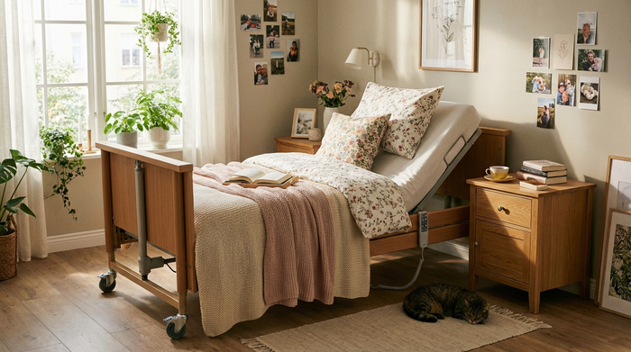 Pflegebett mit aufgestellter Rückenlehne in gemütlichem Schlafzimmer