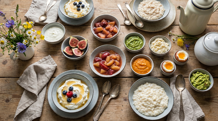 Tisch gedeckt mit mehreren kleinen Schälchen, gefüllt mit Quark, Obst und weicher Kost
