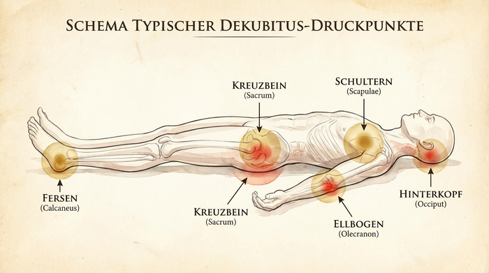 Schematische Darstellung eines menschlichen Körpers liegend, mit sanfter Hervorhebung der typischen Druckpunkte wie Fersen, Kreuzbein und Schultern.