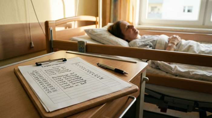 Ein ordentlicher Lagerungsplan auf einem Klemmbrett, der auf einem Nachttisch neben einem Pflegebett liegt, Stift daneben.