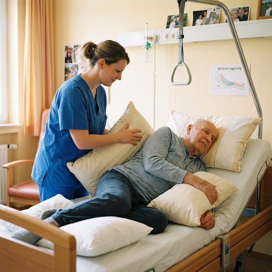 Pflegerin positioniert sanft ein Kissen im Rücken eines Seniors für die 30-Grad-Lagerung.