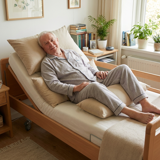 Entspannter Senior in korrekter 30-Grad-Seitenlage im Pflegebett, gut gepolstert.