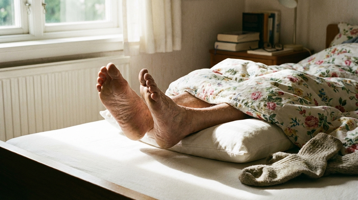 Füße eines Seniors im Bett, unter den Waden liegt ein Kissen, sodass die Fersen frei in der Luft schweben.