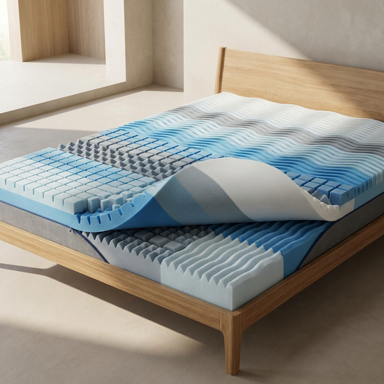 Moderne Schaumstoffmatratze mit sichtbaren Würfelstruktur-Einschnitten.