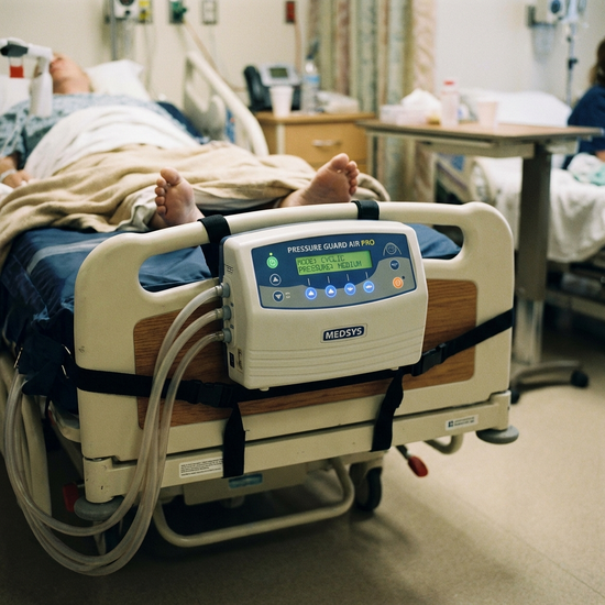 Steuergerät einer Wechseldruckmatratze am Fußende eines Pflegebettes.