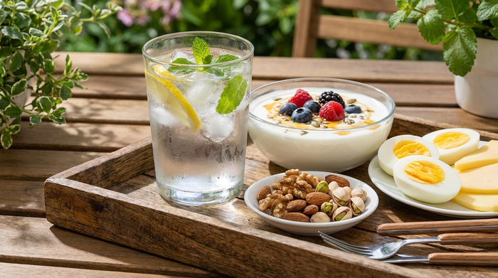 Frisches Glas Wasser und eiweißreiche Snacks wie Nüsse und Joghurt auf einem Tablett.