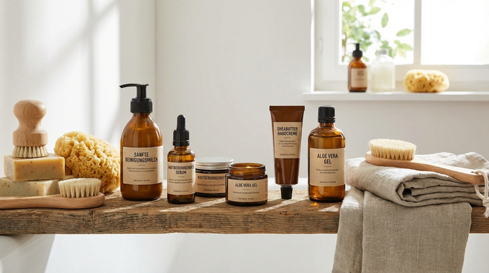 Sortiment an hautschonenden Pflegeprodukten im Badezimmer.