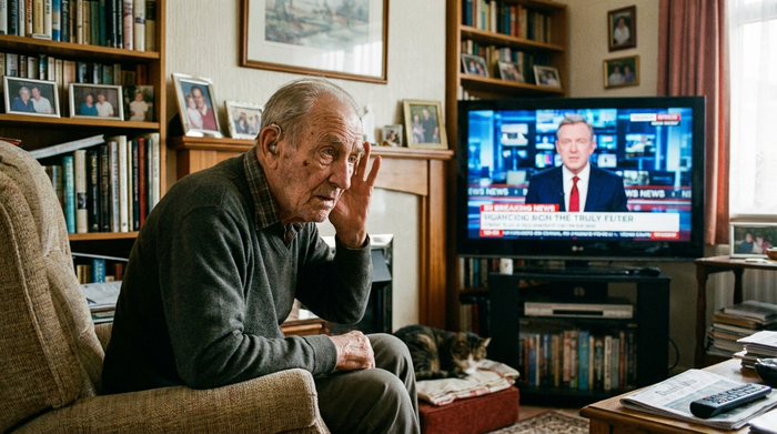 Älterer Herr sitzt im Wohnzimmer und beugt sich konzentriert nach vorne, Hand leicht hinter dem Ohr, um den Fernseher besser zu verstehen.