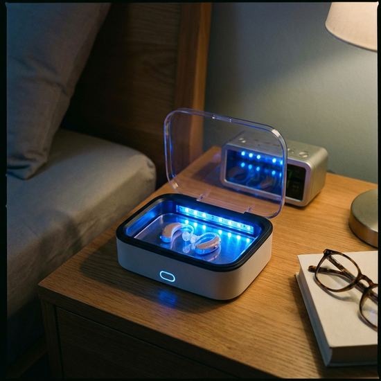 Hörgeräte liegen in einer geöffneten elektrischen Trockenbox mit blauem UV-Licht auf einem Nachttisch.