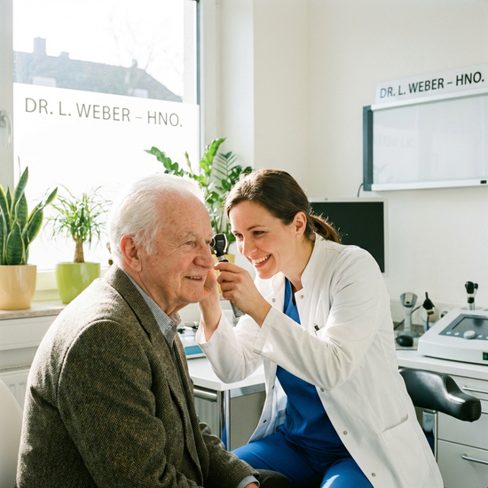 Freundliche HNO-Ärztin untersucht mit einem Otoskop das Ohr eines älteren Patienten in heller Praxis.
