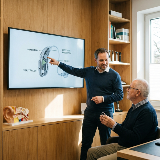Hörakustiker erklärt einem Senior am Bildschirm die Funktionsweise eines modernen Hörgeräts.