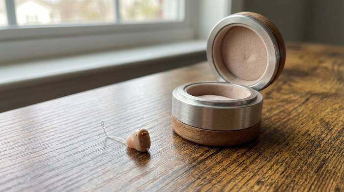 Winziges Im-Ohr-Hörgerät (IdO) liegt neben einem kleinen Aufbewahrungsetui.