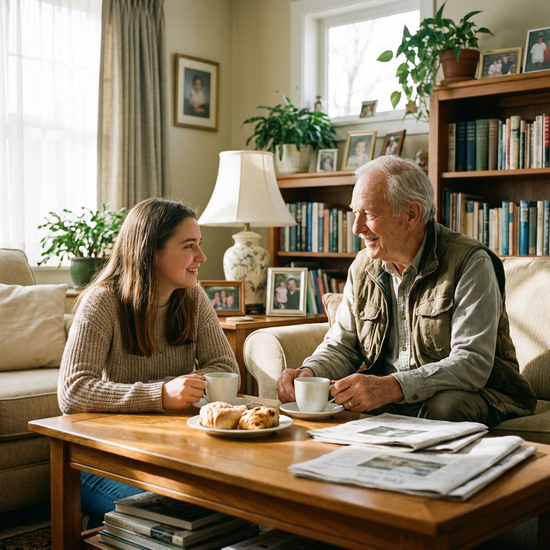 Enkelin unterhält sich mit ihrem Großvater am Kaffeetisch, hält direkten Blickkontakt, beide lächeln entspannt.