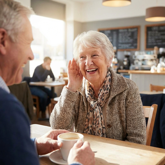 Seniorin signalisiert ihrem Gesprächspartner freundlich mit der Hand am Ohr, dass sie etwas nicht verstanden hat.