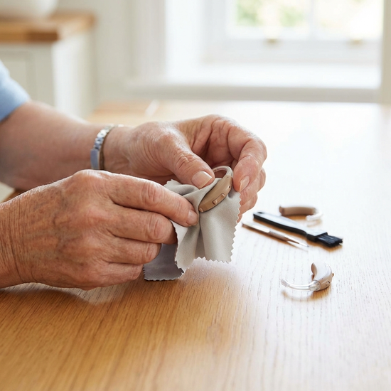 Hände reinigen vorsichtig ein Hörgerät mit einem weichen Tuch auf einer sauberen Oberfläche.