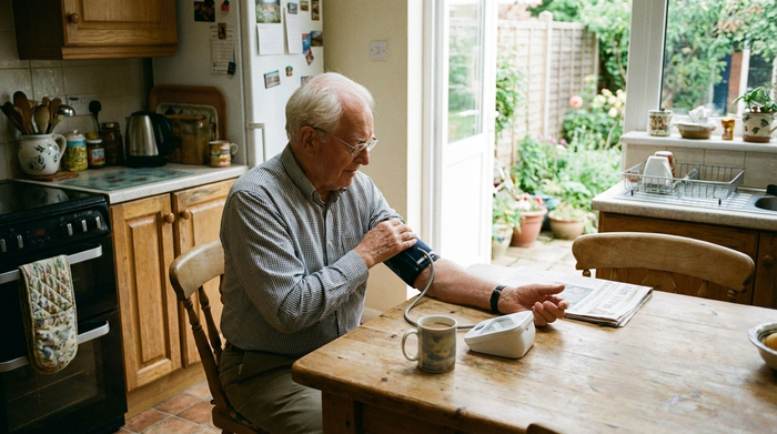 Senior sitzt ruhig am Küchentisch und legt die Blutdruckmanschette an