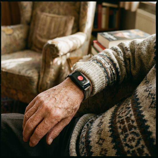 Hausnotruf-Armband am Handgelenk eines Seniors