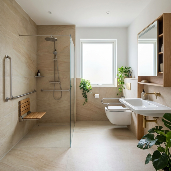 Modernes barrierefreies Badezimmer mit ebenerdiger Dusche und Haltegriffen