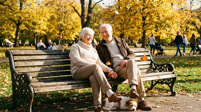 Glückliches Seniorenpaar sitzt entspannt auf einer Parkbank