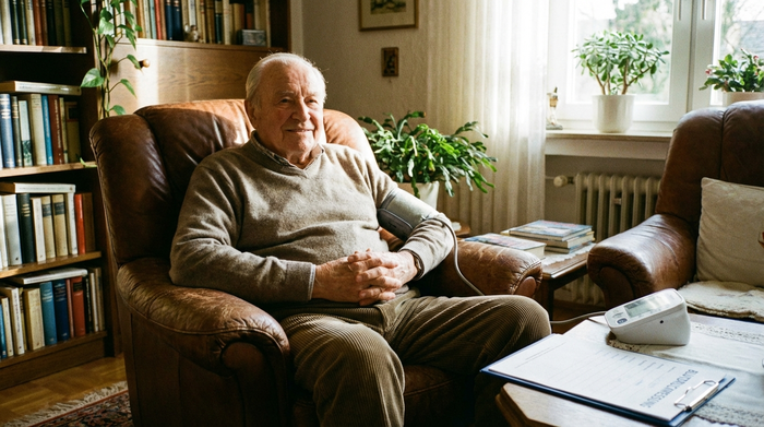 Senior sitzt ruhig und entspannt im Sessel vor der Messung