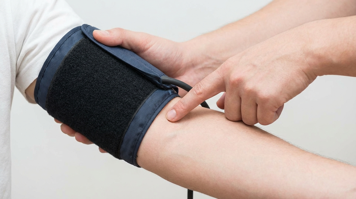 Anlegen der Oberarmmanschette auf der richtigen Höhe