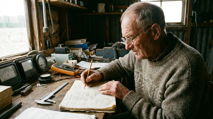 Senior notiert die gemessenen Werte in einem Notizbuch