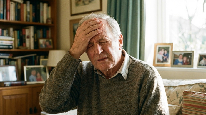 Älterer Herr fasst sich an die Stirn und wirkt leicht benommen