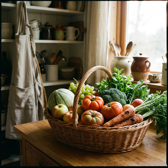 Korb mit frischem Gemüse und Obst in der Küche