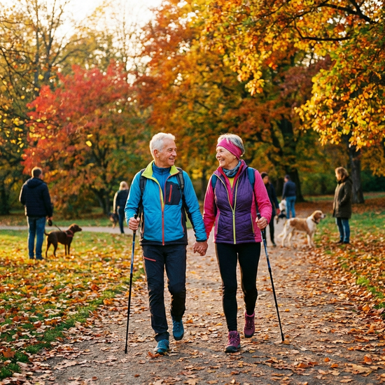 Seniorenpaar beim gemeinsamen Nordic Walking im Park
