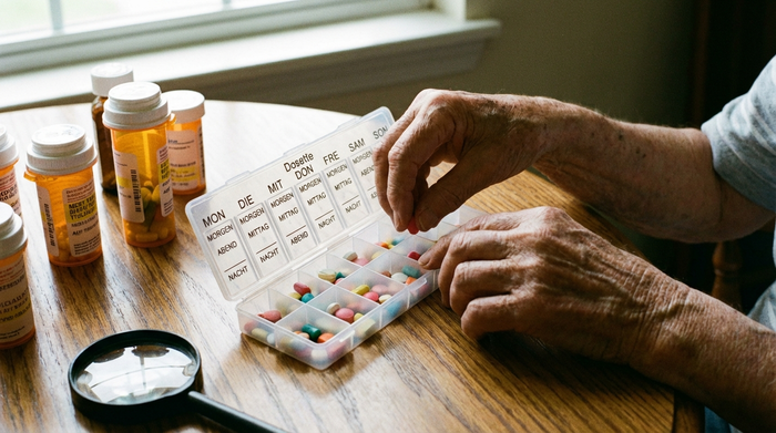 Hände sortieren Tabletten in eine Wochendosette