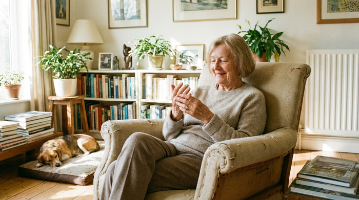 Ältere Dame sitzt entspannt im Sessel und betrachtet ihre Hände, helles freundliches Wohnzimmer