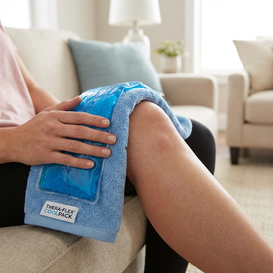 Coolpack sorgfältig in ein Handtuch gewickelt auf einem Kniegelenk