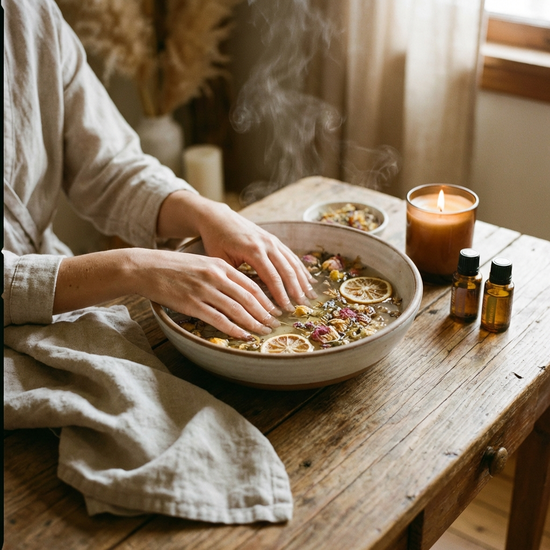 Entspannendes warmes Handbad in einer Schüssel auf einem Tisch