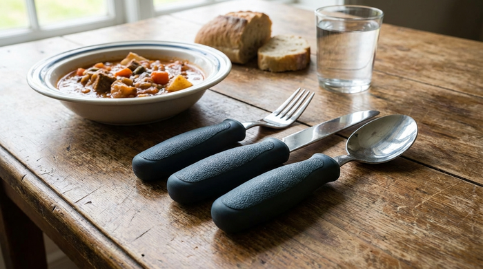 Spezialbesteck mit verdicktem Griff auf einem Tisch