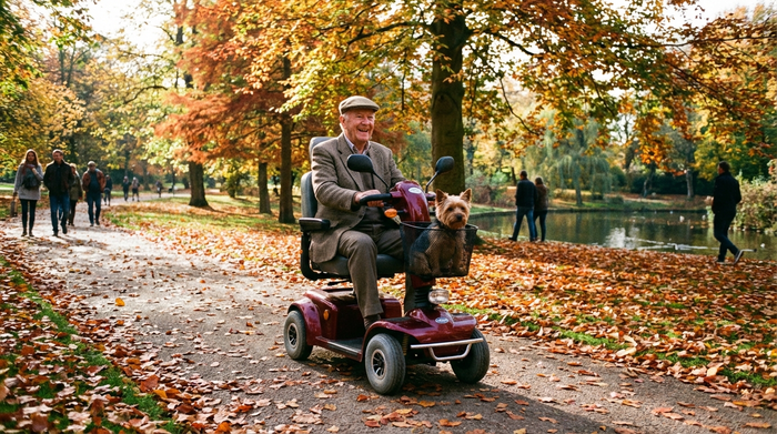 Senior fährt auf einem Elektromobil durch einen Park
