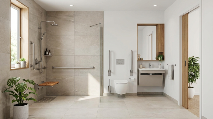 Modernes, barrierefreies Badezimmer mit ebenerdiger Dusche, Haltegriffen und Duschsitz