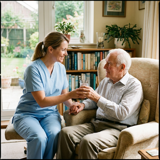 Freundliche Pflegerin reicht einem Senior ein Glas Wasser.