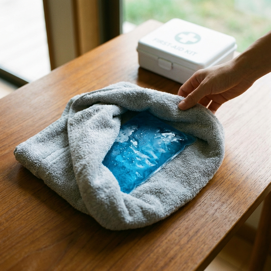 Kühlpad in ein Handtuch gewickelt bereit zur Anwendung.