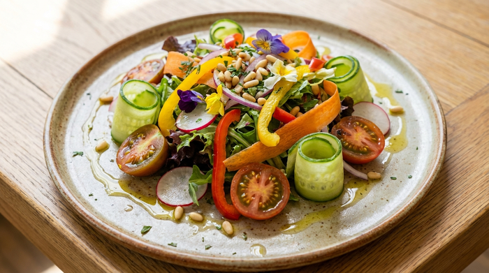 Frischer Salat mit klarem Dressing und buntem Gemüse auf einem Teller.