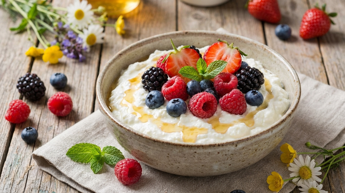 Schale mit frischem Magerquark und Beeren.
