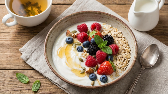 Gesundes Frühstück mit Naturjoghurt, frischen Beeren und Haferflocken.