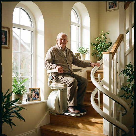 Senior nutzt sicher einen Treppenlift in einem hellen Treppenhaus.
