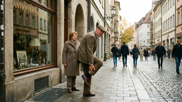 Älterer Herr steht vor einem Schaufenster in einer Einkaufsstraße, hält sich unauffällig die Wade, während eine Begleiterin wartet