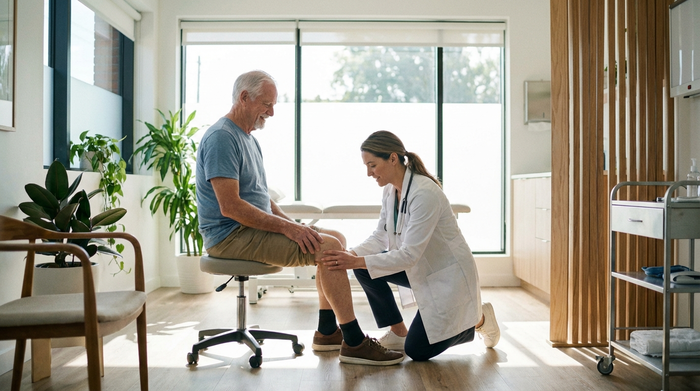 Arzt untersucht das Bein eines sitzenden Senioren in einer hellen Praxis