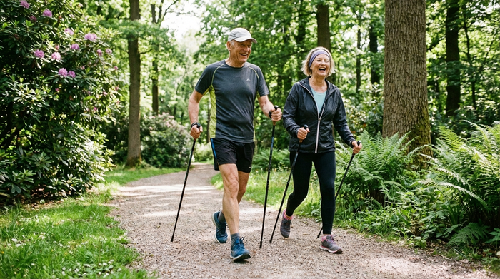 Seniorenpaar spaziert zügig in sportlicher Kleidung durch einen grünen Park