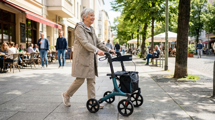 Seniorin geht sicher mit einem modernen Rollator auf einem Gehweg