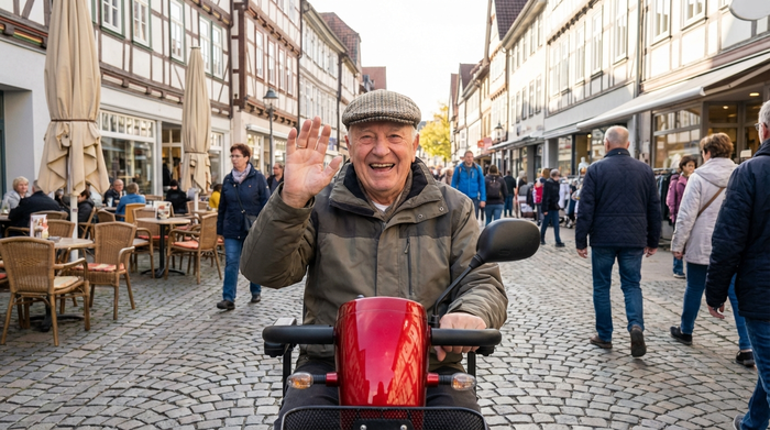 Glücklicher Senior fährt mit einem Elektromobil durch eine Fußgängerzone