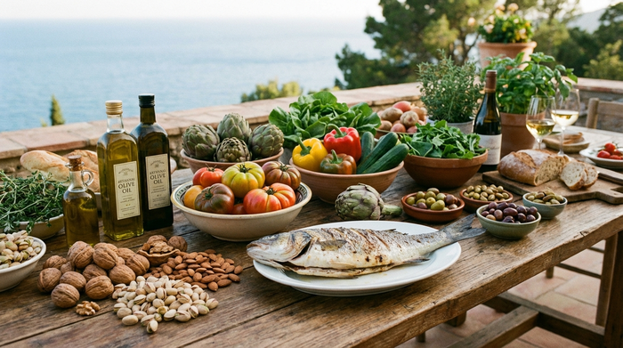 Tisch gedeckt mit frischem Gemüse, Fisch, Nüssen und Olivenöl