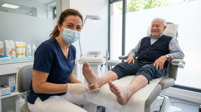 Podologin behandelt behutsam den Fuß eines Patienten