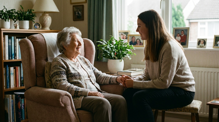 Freundliche Seniorin sitzt entspannt im Sessel und unterhält sich mit einer Angehörigen